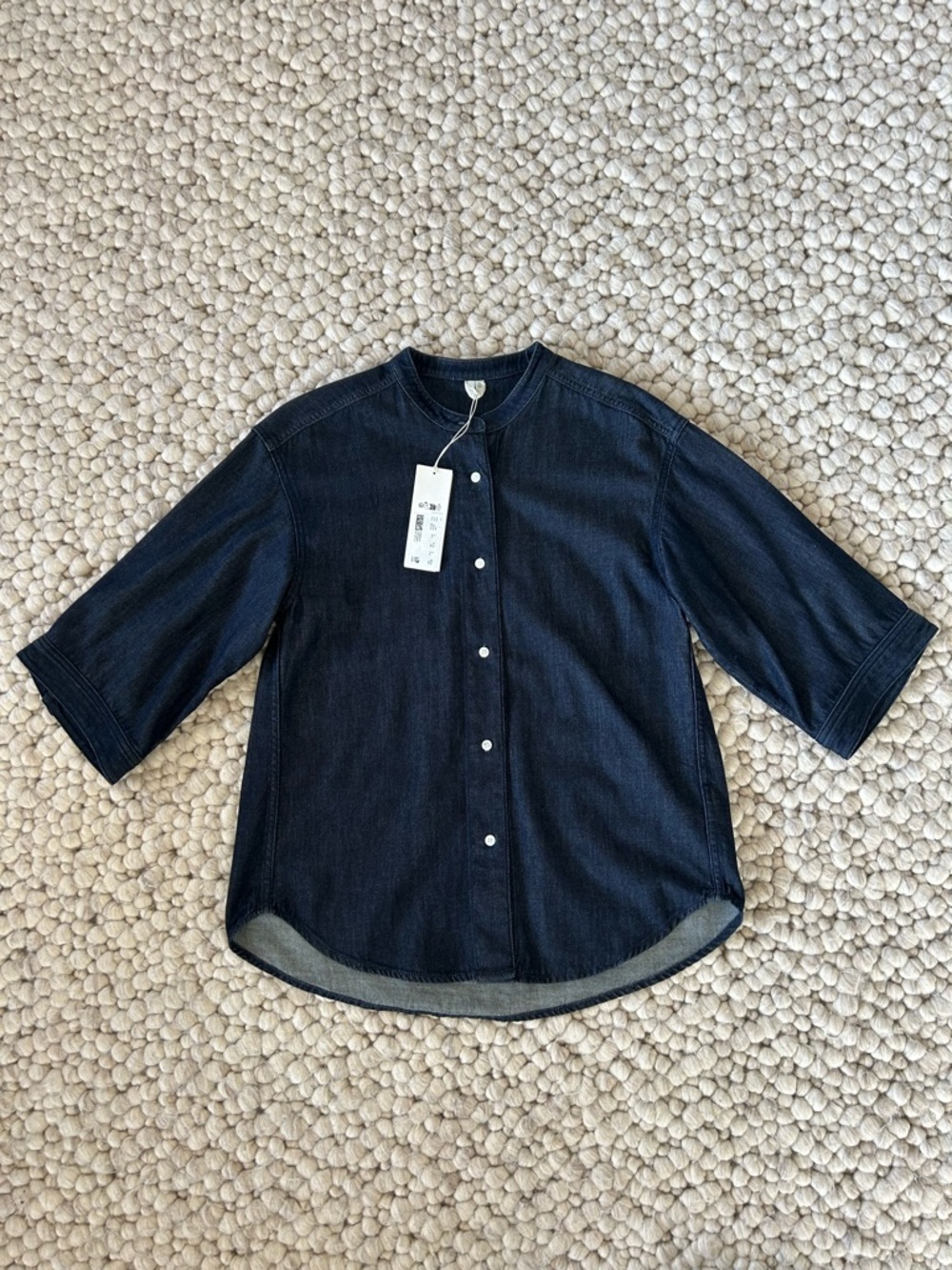 COS collarless 3/4 sleeve button up shirt